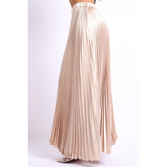 Women's Elastic High Waist A-Line Pleated Satin Maxi Skirt Formal Prom Party - Picture 7 of 7